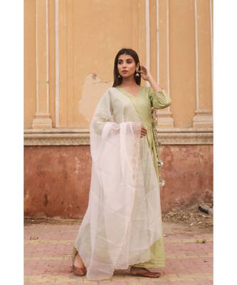 pure jaam silk gown in angrakha style along with pure organza dupatta with complete hand work 3