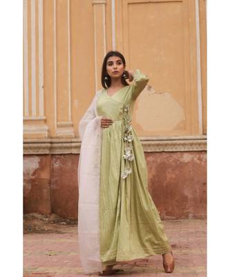 pure jaam silk gown in angrakha style along with pure organza dupatta with complete hand work 4