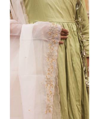 pure jaam silk gown in angrakha style along with pure organza dupatta with complete hand work 6