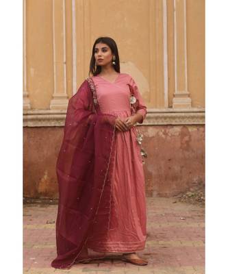 pure jaam silk gown in angrakha style along with pure organza dupatta with complete hand work 1