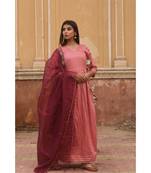 pure jaam silk gown in angrakha style along with pure organza dupatta with complete hand work