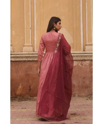 pure jaam silk gown in angrakha style along with pure organza dupatta with complete hand work 2