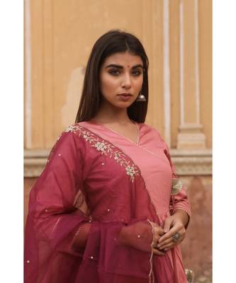 pure jaam silk gown in angrakha style along with pure organza dupatta with complete hand work 3