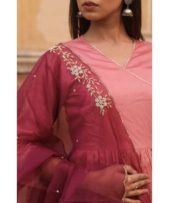 pure jaam silk gown in angrakha style along with pure organza dupatta with complete hand work 4