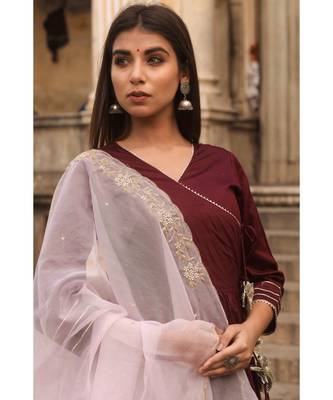 pure jaam silk gown in angrakha style along with pure organza dupatta with complete hand work 1