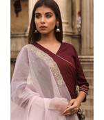 pure jaam silk gown in angrakha style along with pure organza dupatta with complete hand work