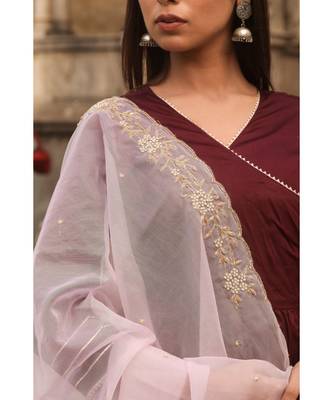 pure jaam silk gown in angrakha style along with pure organza dupatta with complete hand work 3