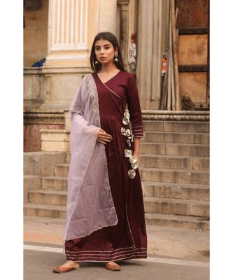 pure jaam silk gown in angrakha style along with pure organza dupatta with complete hand work 4