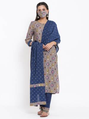 Ardozaa Womens Chanderi Geometric Print Straight Kurta Pant Dupatta Set (Grey) 1