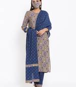 Ardozaa Womens Chanderi Geometric Print Straight Kurta Pant Dupatta Set (Grey)