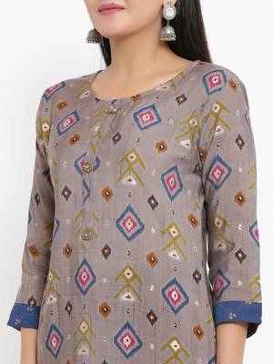Ardozaa Womens Chanderi Geometric Print Straight Kurta Pant Dupatta Set (Grey) 2