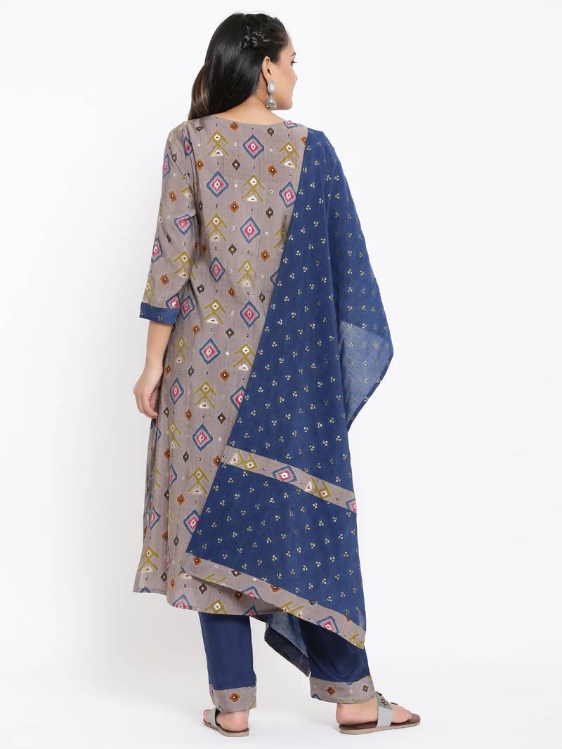 Ardozaa Womens Chanderi Geometric Print Straight Kurta Pant Dupatta Set (Grey)