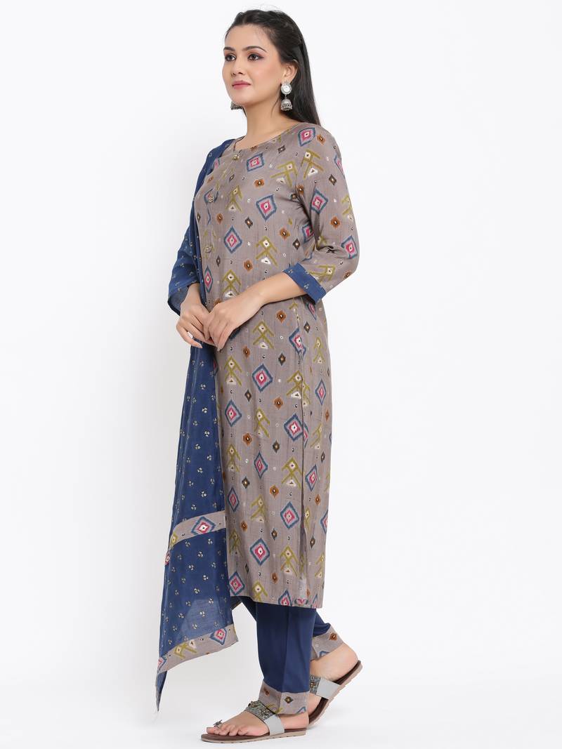 Ardozaa Womens Chanderi Geometric Print Straight Kurta Pant Dupatta Set (Grey)