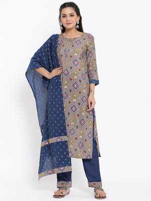 Ardozaa Womens Chanderi Geometric Print Straight Kurta Pant Dupatta Set (Grey) 5