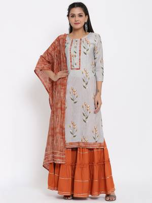 Ardozaa Womens Chanderi Floral Print Straight Kurta Sharara Dupatta Set (Grey) 1
