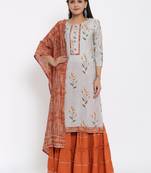 Ardozaa Womens Chanderi Floral Print Straight Kurta Sharara Dupatta Set (Grey)