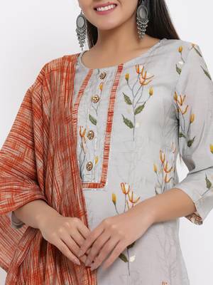 Ardozaa Womens Chanderi Floral Print Straight Kurta Sharara Dupatta Set (Grey) 2