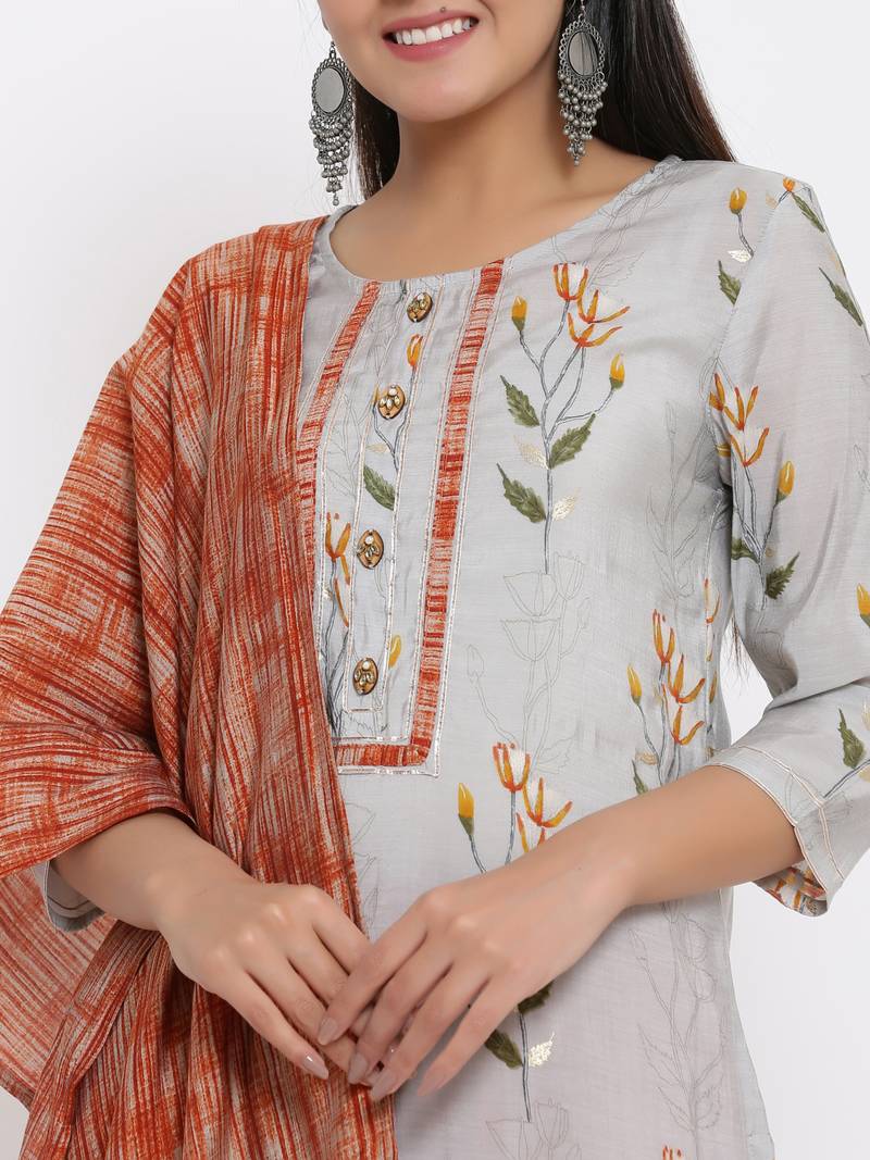 Ardozaa Womens Chanderi Floral Print Straight Kurta Sharara Dupatta Set (Grey)