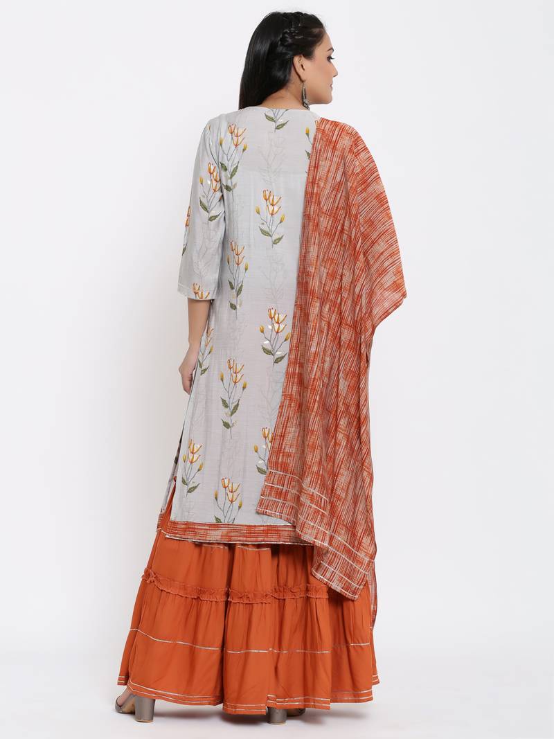 Ardozaa Womens Chanderi Floral Print Straight Kurta Sharara Dupatta Set (Grey)
