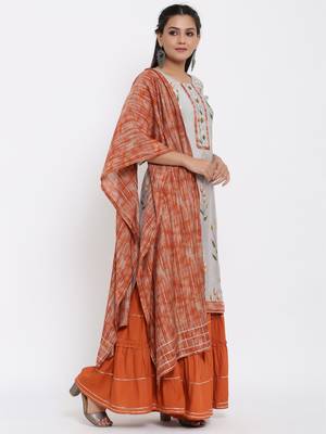 Ardozaa Womens Chanderi Floral Print Straight Kurta Sharara Dupatta Set (Grey) 4