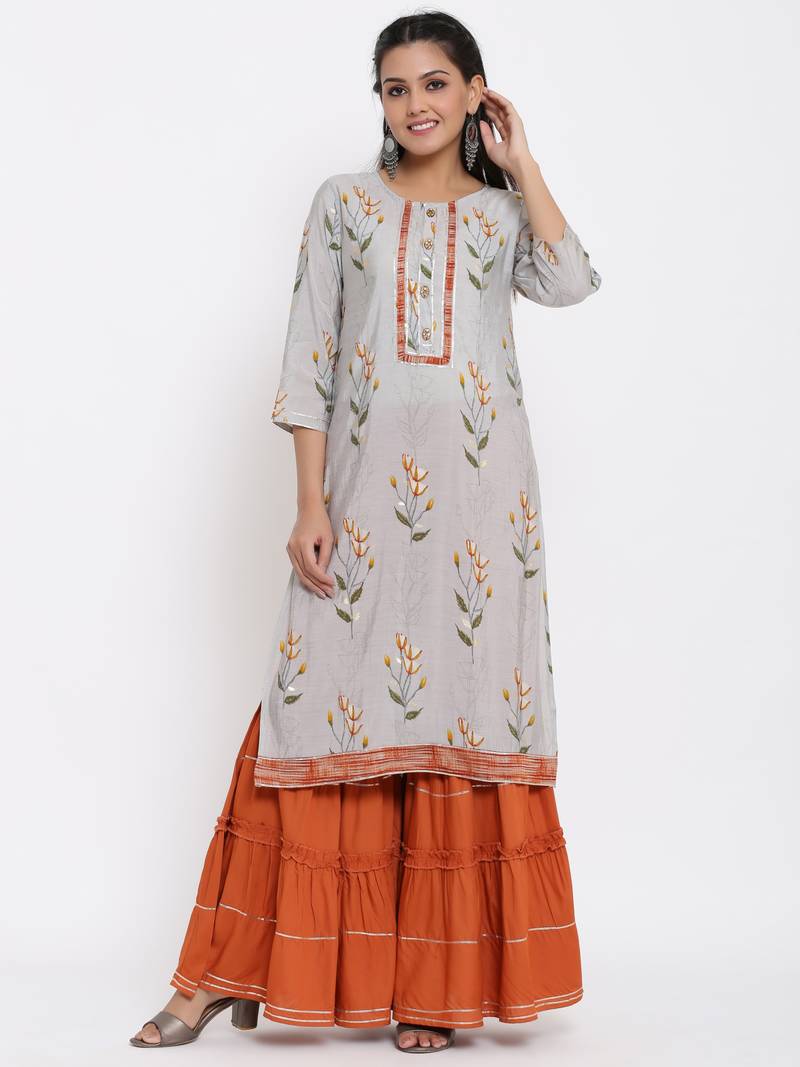 Ardozaa Womens Chanderi Floral Print Straight Kurta Sharara Dupatta Set (Grey)