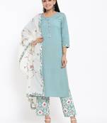 Ardozaa Womens Cotton Slub Solid Straight Kurta Pant Dupatta Set (Blue)