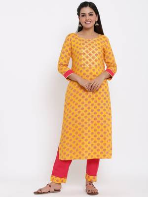 Ardozaa Womens Rayon Buti Print Straight Kurta Pant Set (Yellow) 1