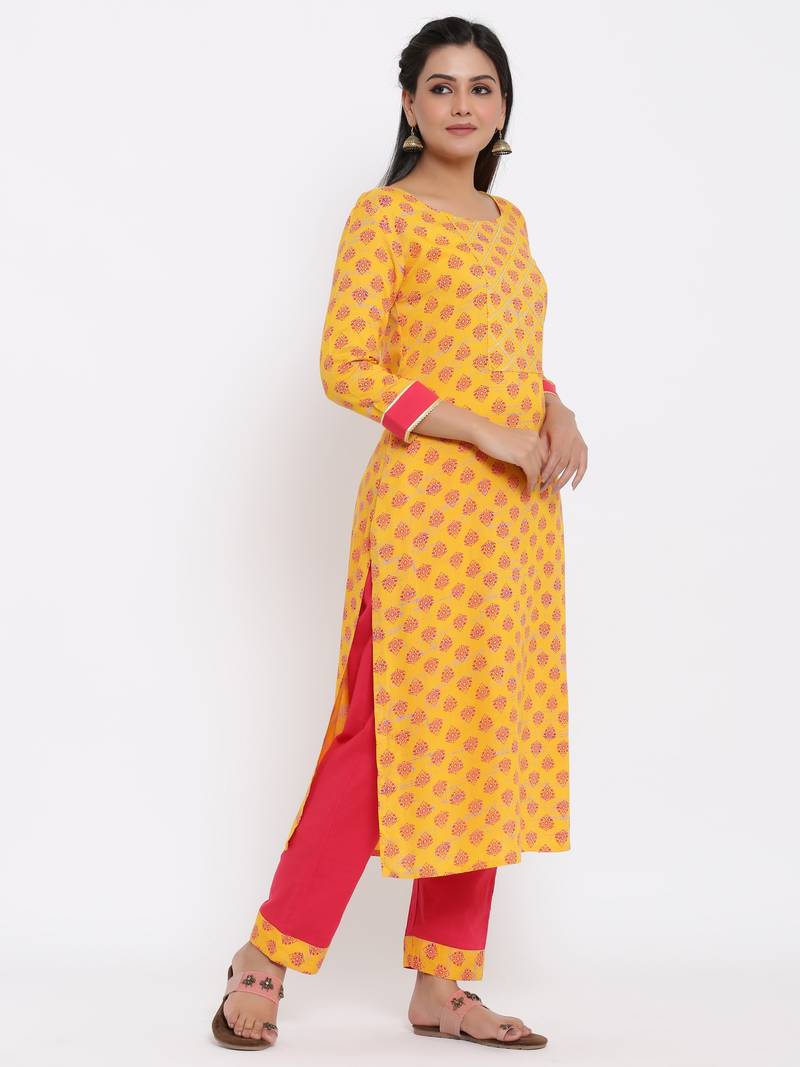 Ardozaa Womens Rayon Buti Print Straight Kurta Pant Set (Yellow)