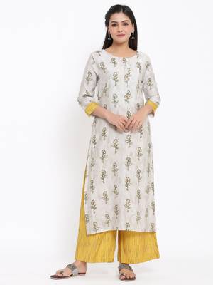 Ardozaa Womens Chanderi Printed Straight Kurta Palazzo Set (Grey) 1