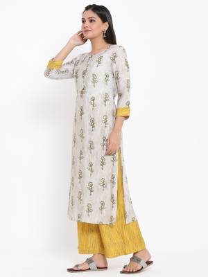 Ardozaa Womens Chanderi Printed Straight Kurta Palazzo Set (Grey) 4