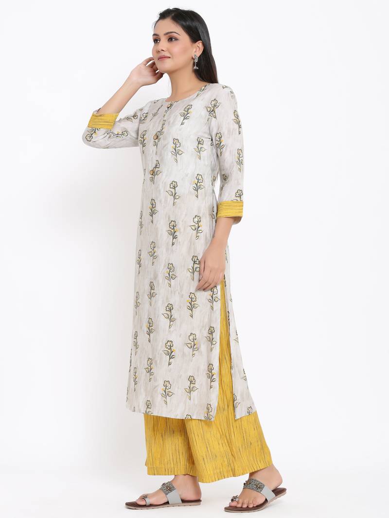 Ardozaa Womens Chanderi Printed Straight Kurta Palazzo Set (Grey)