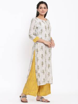 Ardozaa Womens Chanderi Printed Straight Kurta Palazzo Set (Grey) 5