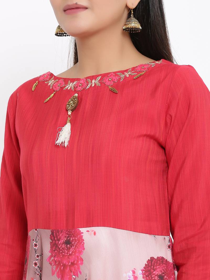 Ardozaa Womens Chanderi Printed Flared Gown (Pink)