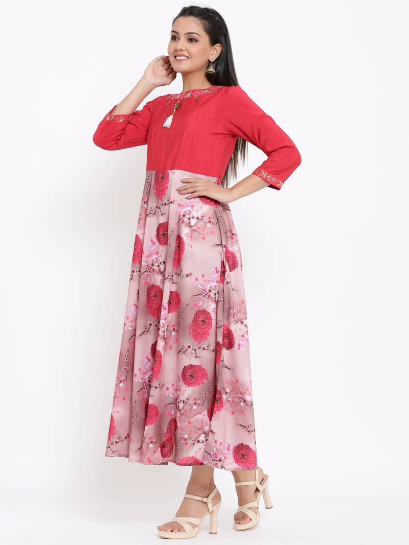 Ardozaa Womens Chanderi Printed Flared Gown (Pink)