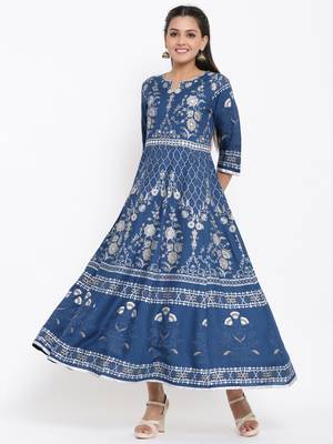 Ardozaa Womens Rayon Foil Print Flared Gown (Blue) 1