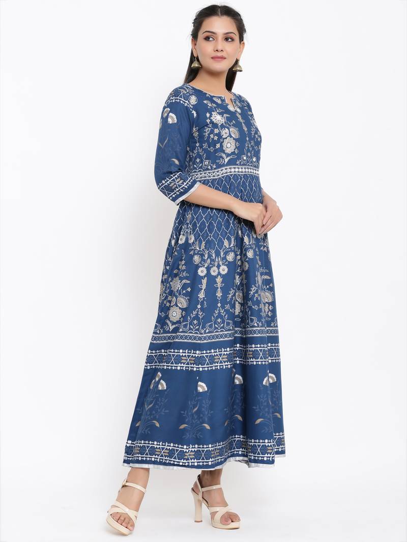 Ardozaa Womens Rayon Foil Print Flared Gown (Blue)