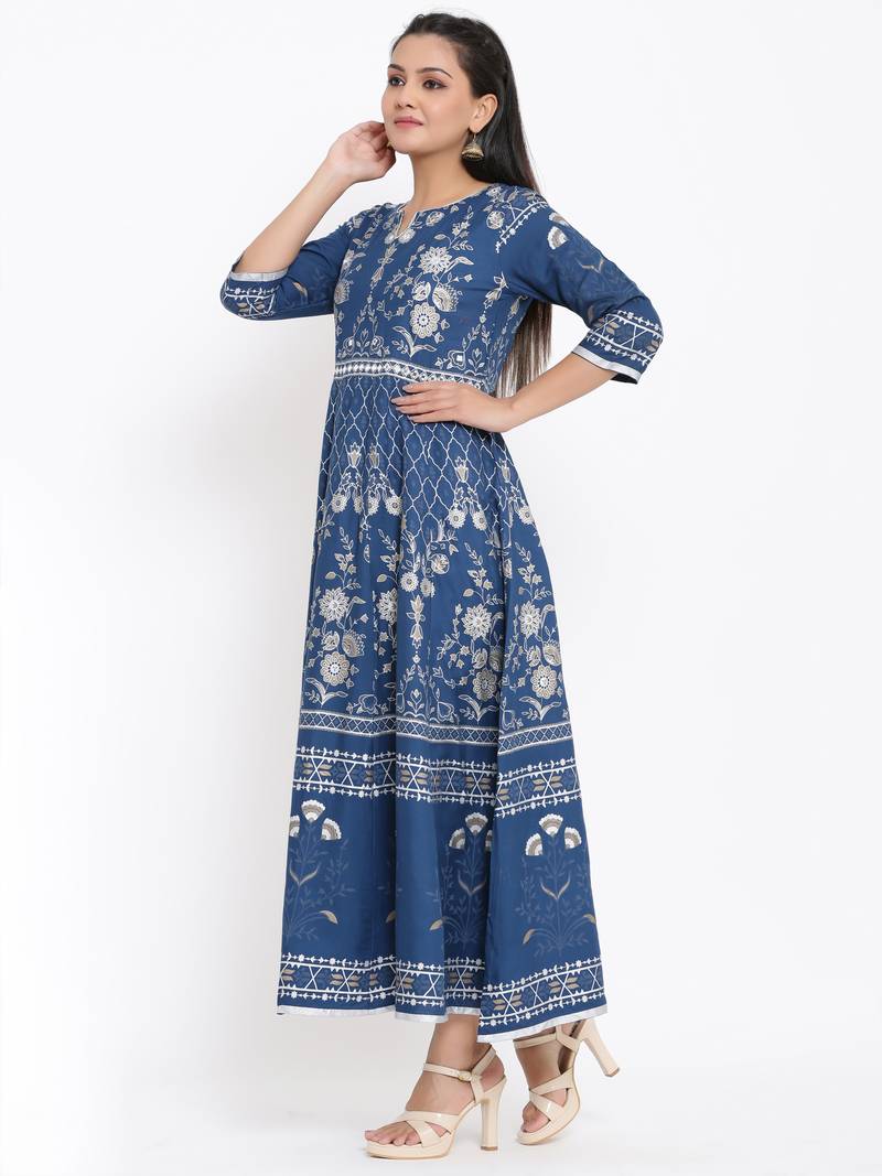 Ardozaa Womens Rayon Foil Print Flared Gown (Blue)