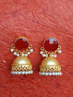 RozMili Handcrafted Nickle free Gold plated Matte finish Brass Jaipuri Monalisa stone Jhumka Earring 4