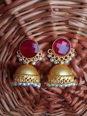 RozMili Handcrafted Nickle free Gold plated Matte finish Brass Jaipuri Monalisa stone Jhumka Earring 5
