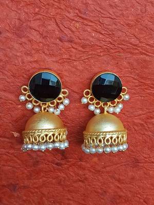 RozMili Nickle free Gold Plated Matte finish Brass Jaipuri Monalisa stone Jhumka earring 4