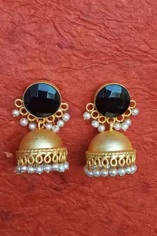 RozMili Nickle free Gold Plated Matte finish Brass Jaipuri Monalisa stone Jhumka earring