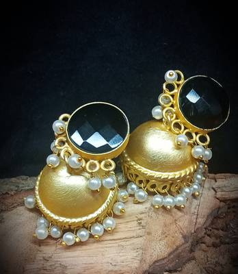 RozMili Nickle free Gold Plated Matte finish Brass Jaipuri Monalisa stone Jhumka earring 6