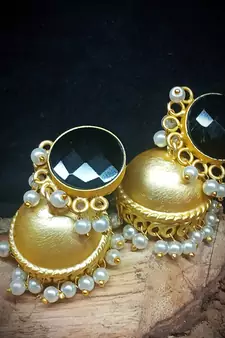 RozMili Nickle free Gold Plated Matte finish Brass Jaipuri Monalisa stone Jhumka earring