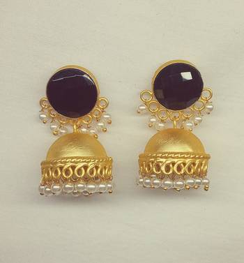 RozMili Nickle free Gold Plated Matte finish Brass Jaipuri Monalisa stone Jhumka earring 7