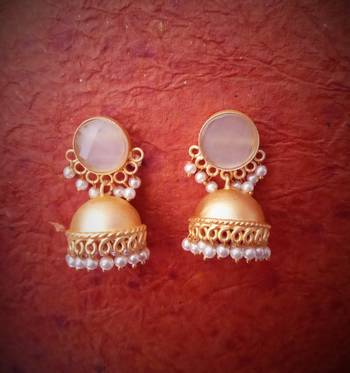 RozMili Handcrafted Nickle free Gold plated Matte finish Brass Jaipuri Monalisa stone Jhumka Earring 4