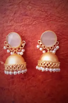 RozMili Handcrafted Nickle free Gold plated Matte finish Brass Jaipuri Monalisa stone Jhumka Earring