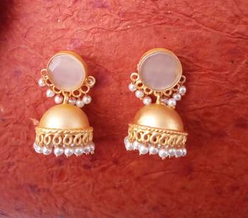 RozMili Handcrafted Nickle free Gold plated Matte finish Brass Jaipuri Monalisa stone Jhumka Earring 5