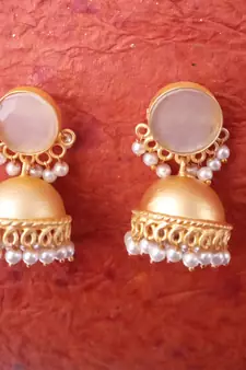 RozMili Handcrafted Nickle free Gold plated Matte finish Brass Jaipuri Monalisa stone Jhumka Earring