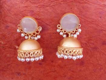 RozMili Handcrafted Nickle free Gold plated Matte finish Brass Jaipuri Monalisa stone Jhumka Earring 6