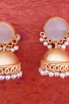 RozMili Handcrafted Nickle free Gold plated Matte finish Brass Jaipuri Monalisa stone Jhumka Earring